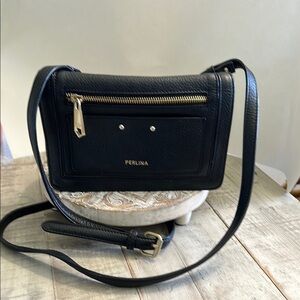 PERLINA CLAIR GENUINE PEBBLED SOFT BLACK LEATHER CROSSBODY BAG PURSE